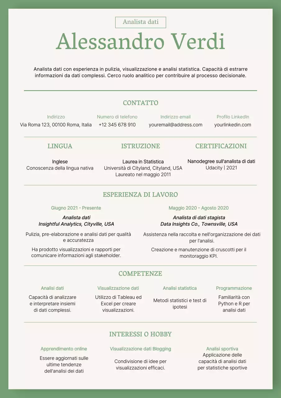Curriculum dell'analista di dati di base verde e beige
