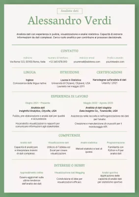 Curriculum dell'analista di dati di base verde e beige