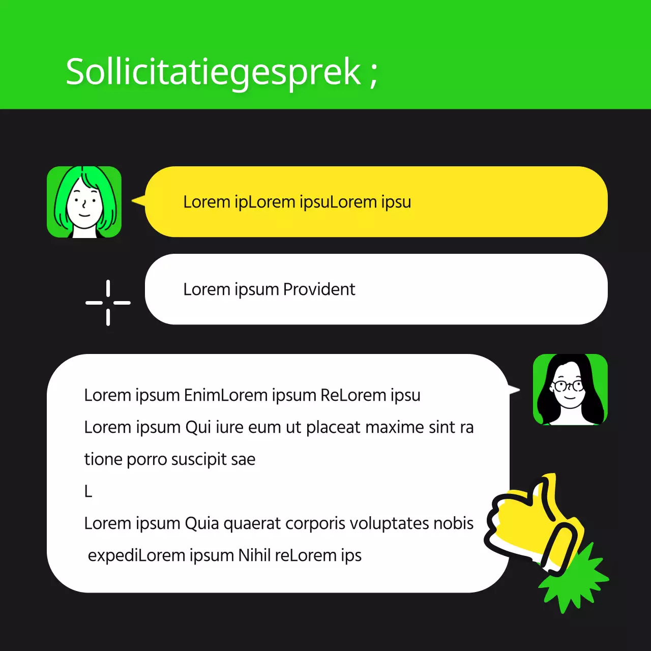 Zittend interview informatie in de trendy stijl van limoengroen en zwart