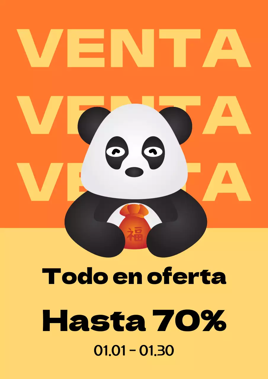 Ventana emergente de venta con personaje panda con detalles en amarillo y naranja