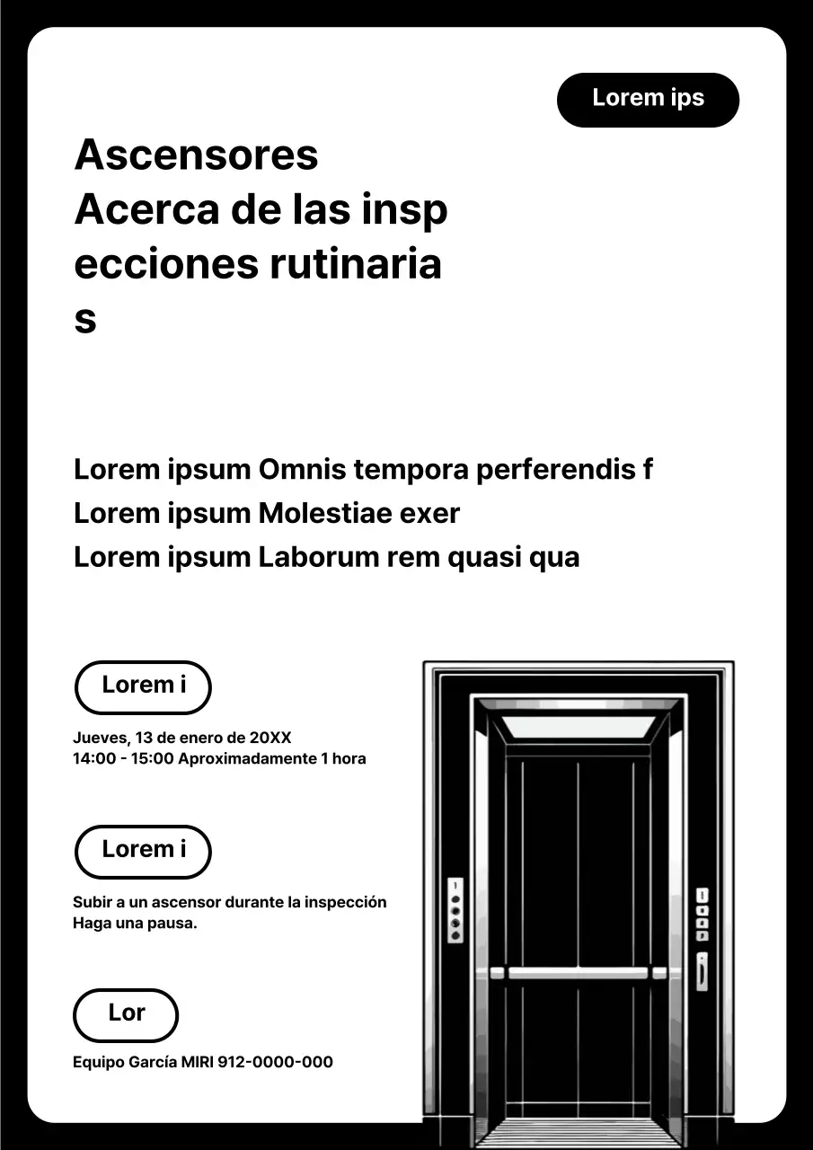 Aviso de mantenimiento de ascensor moderno en blanco y negro