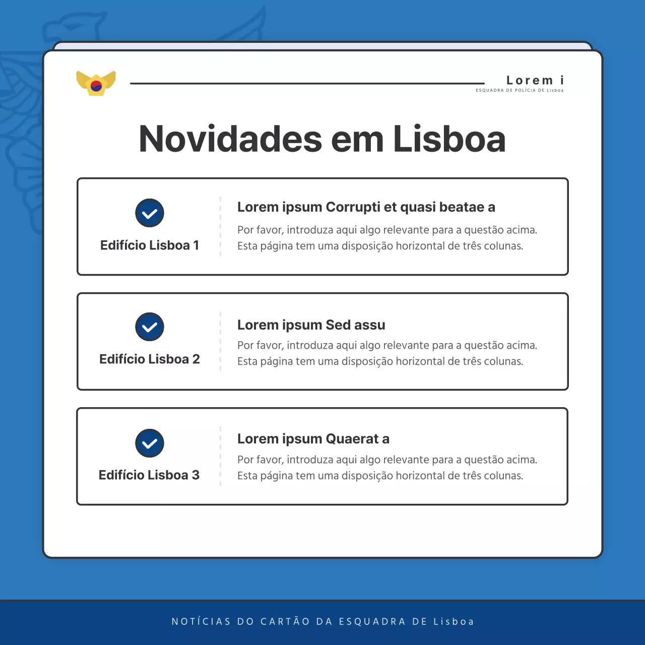 Publicações predefinidas do boletim informativo da esquadra de polícia em azul e azul-marinho