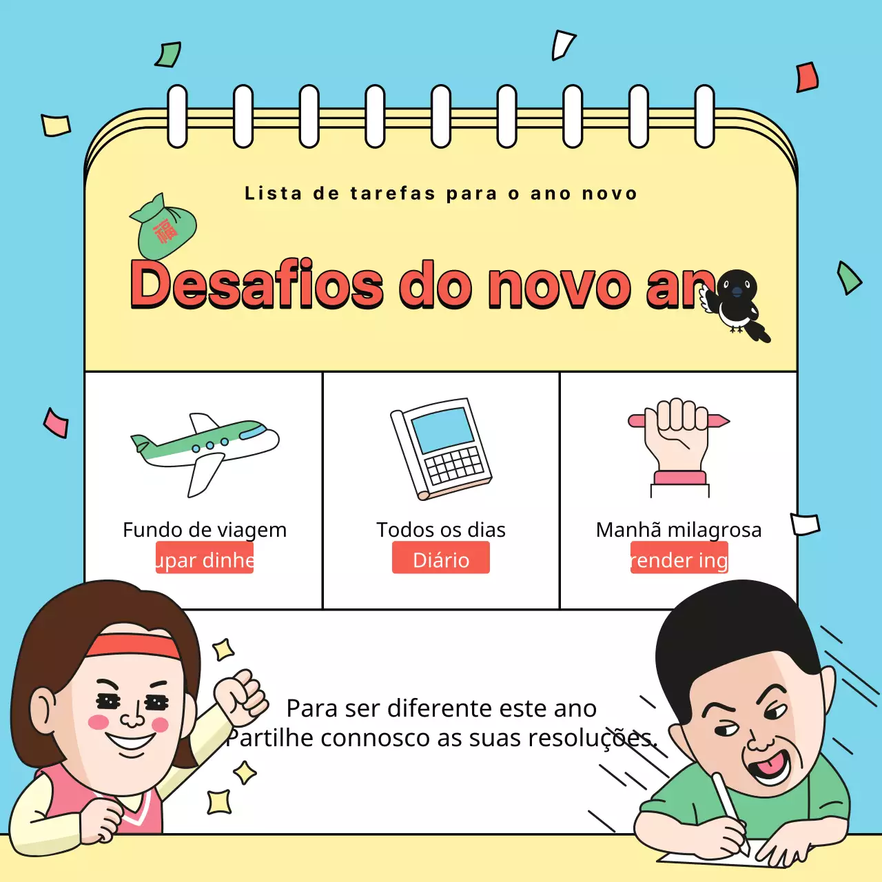 Mensagem do desafio de Ano Novo em azul claro e amarelo