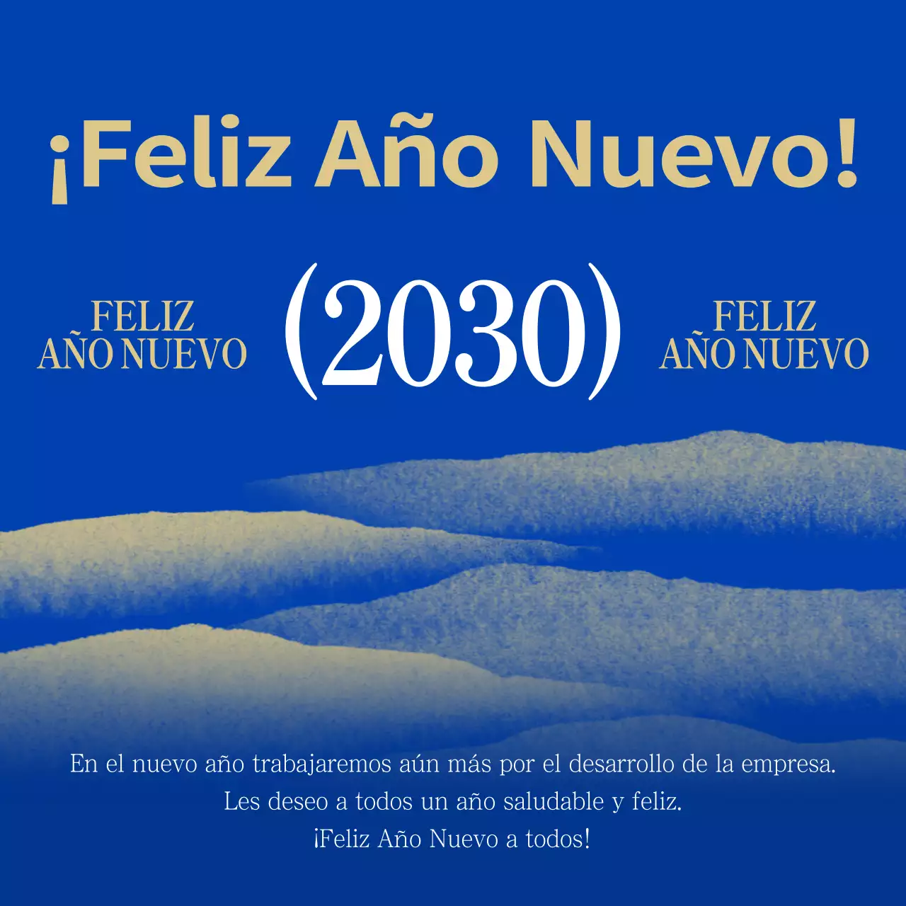Tarjeta de felicitación de Año Nuevo con detalles azules y dorados