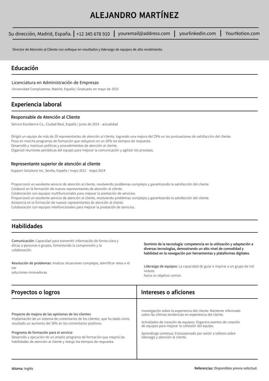 Currículum vitae de atención al cliente en blanco y gris