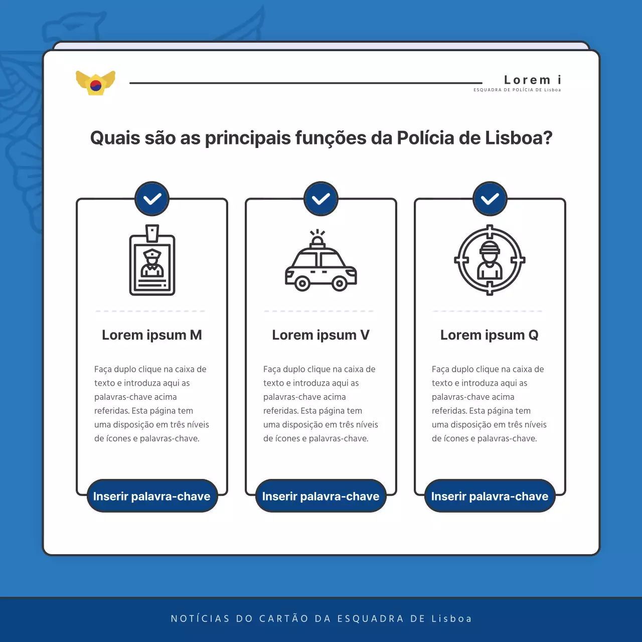 Publicações predefinidas do boletim informativo da esquadra de polícia em azul e azul-marinho