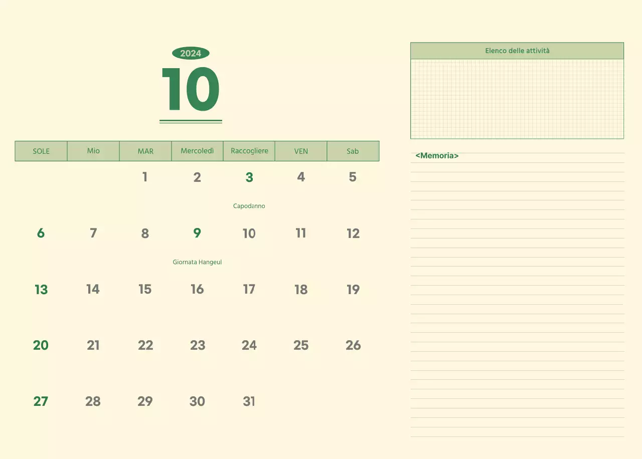 Calendario da parete SAT D-day concept in verde e giallo chiaro