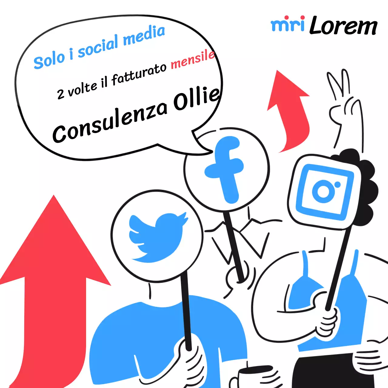 Annuncio kitsch di consulenza sui social media con accenti blu e rossi