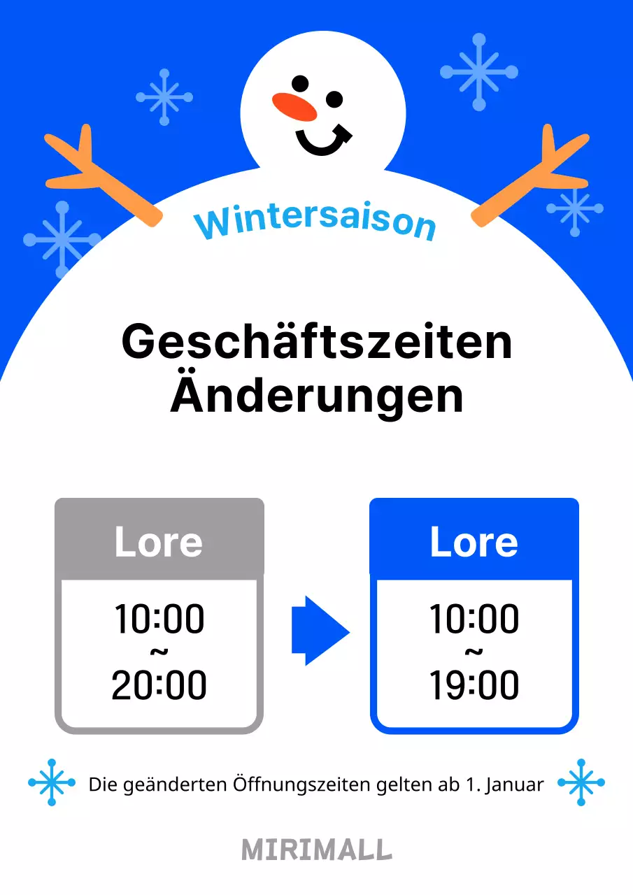 Ein kitschiger blau-weißer Aushang zur Änderung der Öffnungszeiten