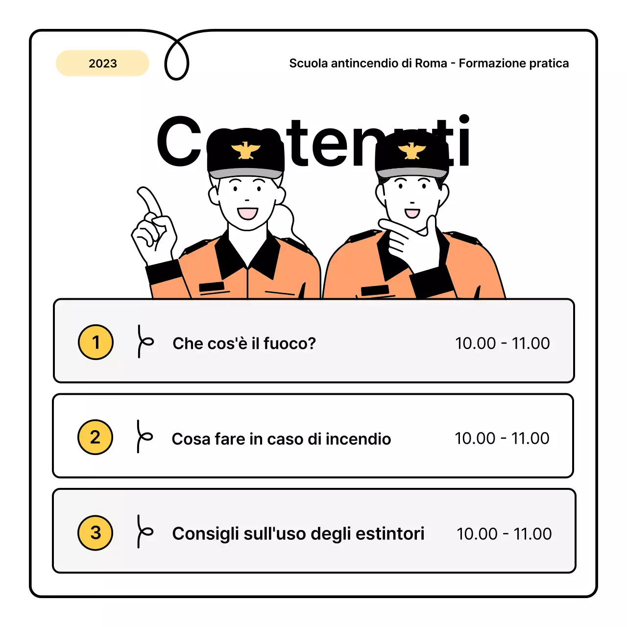 Nozioni di base gialle e arancioni e una piccola e simpatica scheda informativa sugli incendi