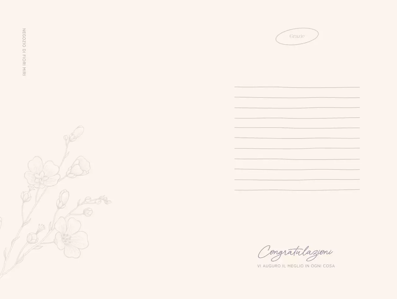 Biglietto d'auguri per negozio di fiori con illustrazione di linee floreali su sfondo beige