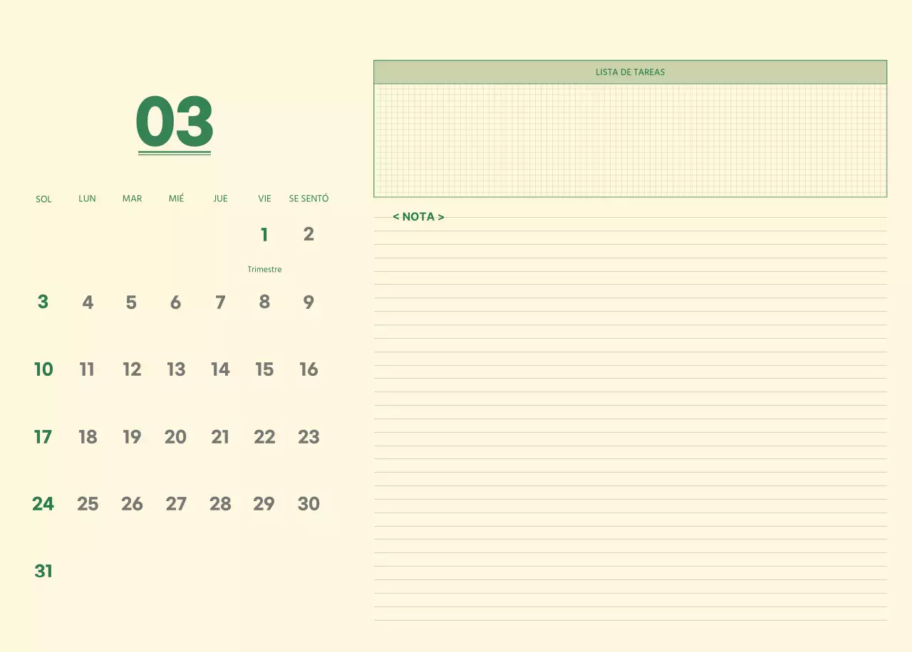 SAT Calendario de pared con concepto de bloc de notas del día D en verde y amarillo claro