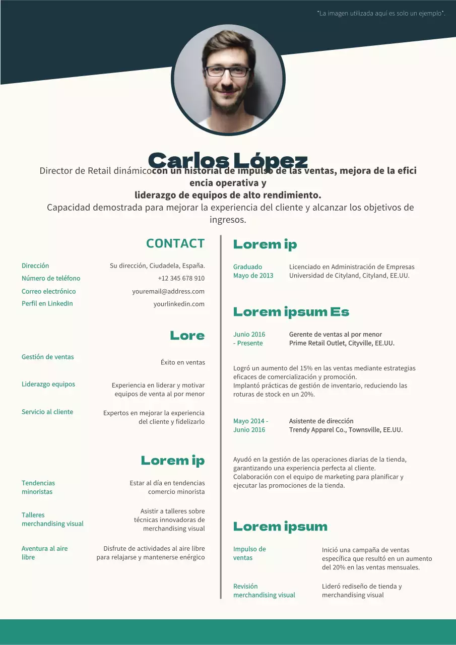 Curriculum vitae geométrico azul marino y beige de director de tienda