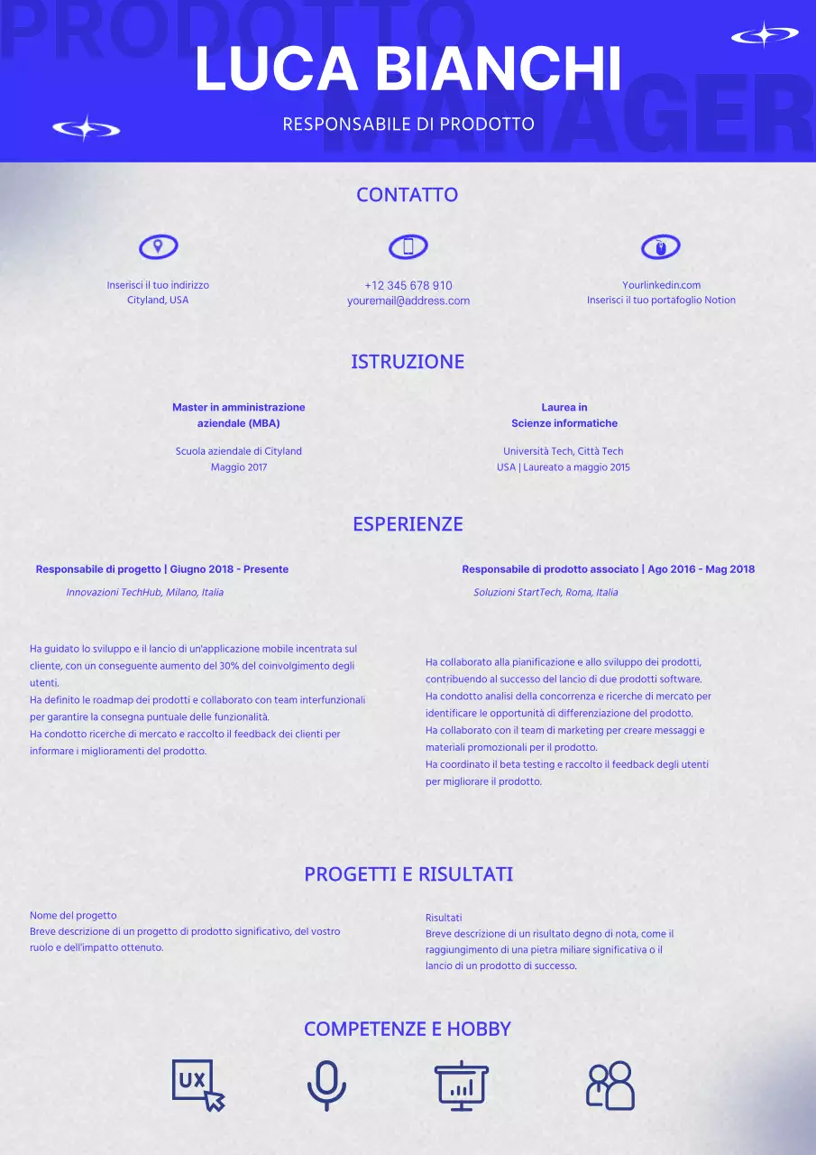 Curriculum del Product Manager di tendenza in blu e grigio