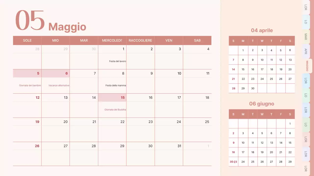 Calendario classico in rosa e azzurro