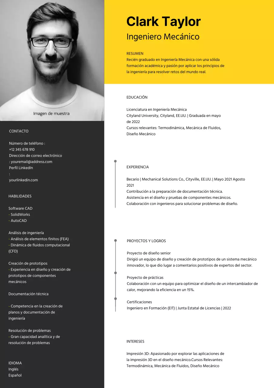 Curriculum Vitae de Ingeniero Mecánico Moderno en Amarillo y Gris