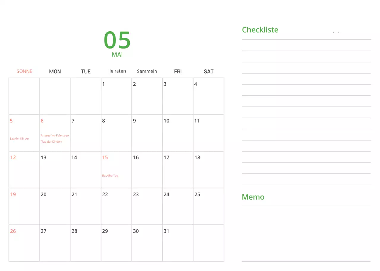 Niedlich illustrierter grüner Tischkalender mit Familienthemen