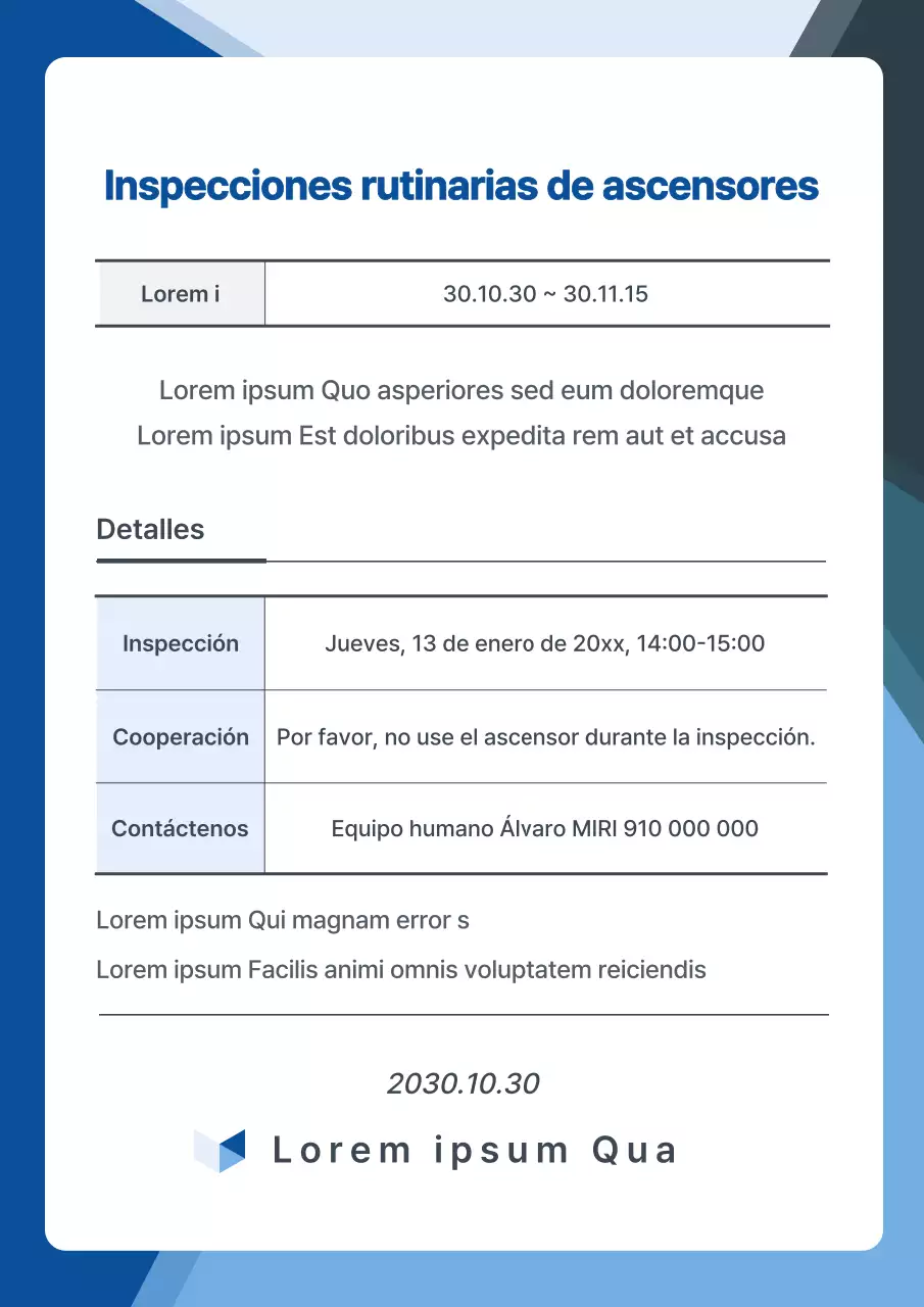 Estilo sencillo en azul marino Puesto de mantenimiento de ascensor