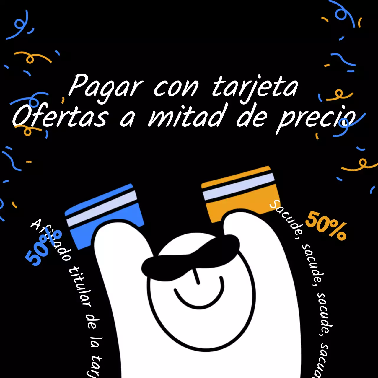 Anuncio de evento de oferta de descuento de tarjeta de afiliado con gags amarillos y azules