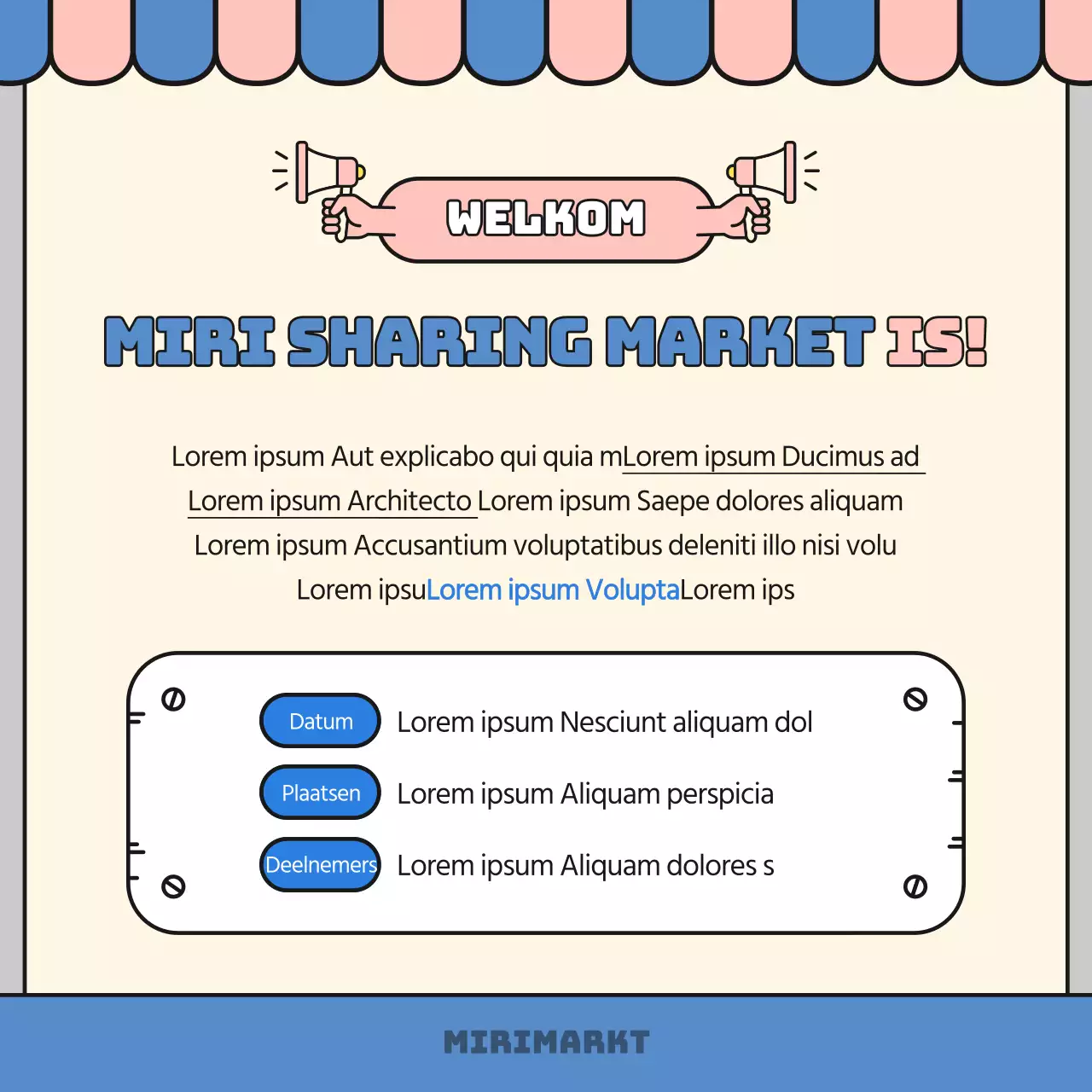 Aankondiging van de blauwe en roze bazaar