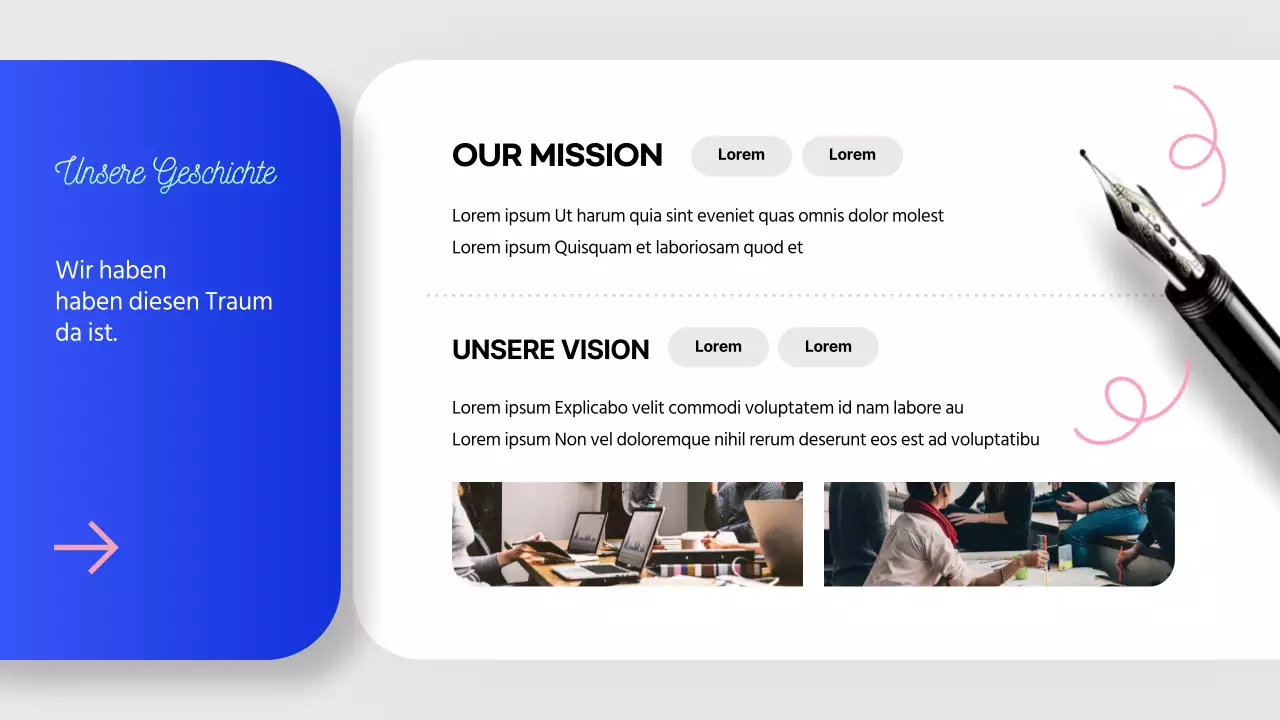 Ein modernes Anschreiben für ein Storytelling-Unternehmen in Blau und Rosa