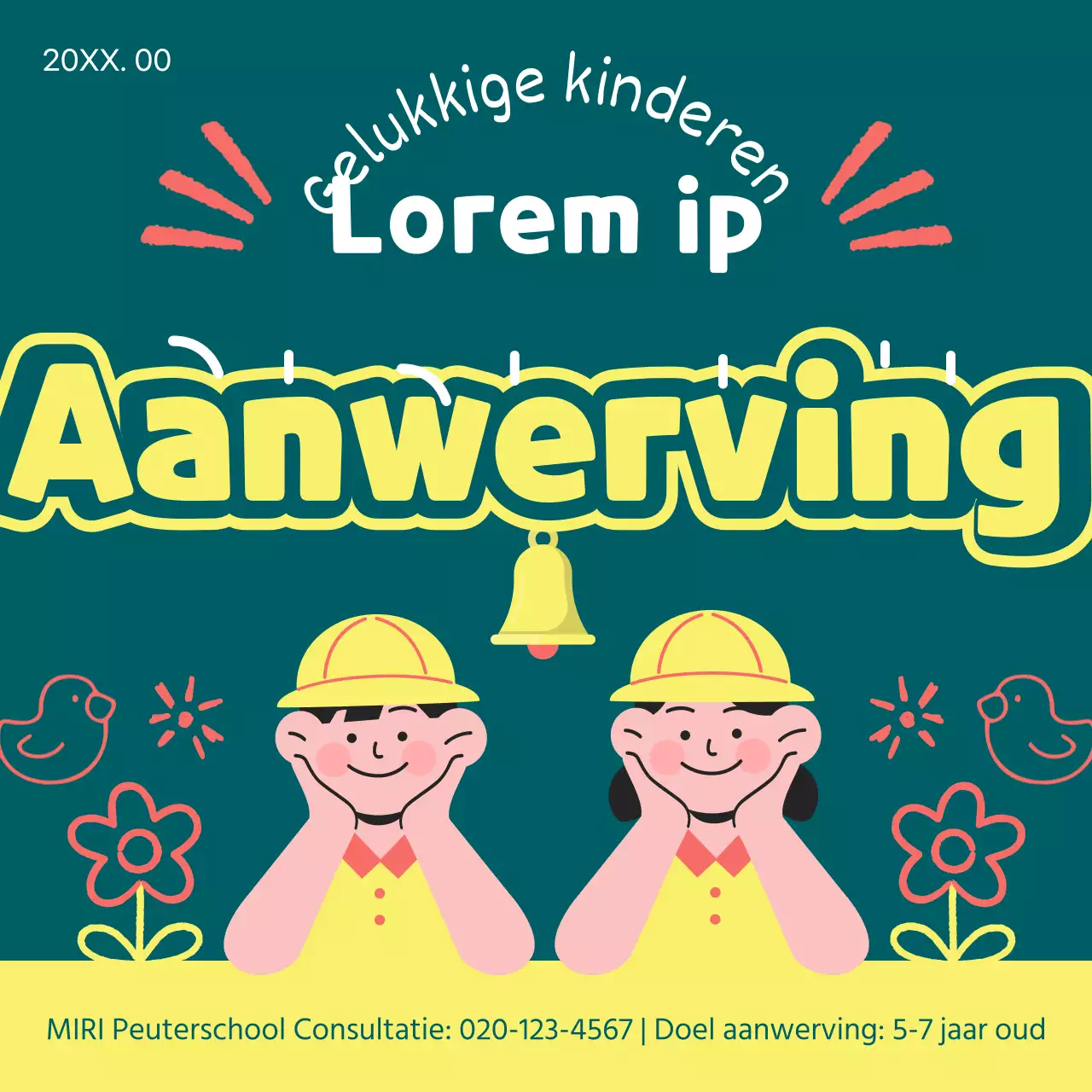 Geel en groen rekruteringsbericht voor kleuterschool