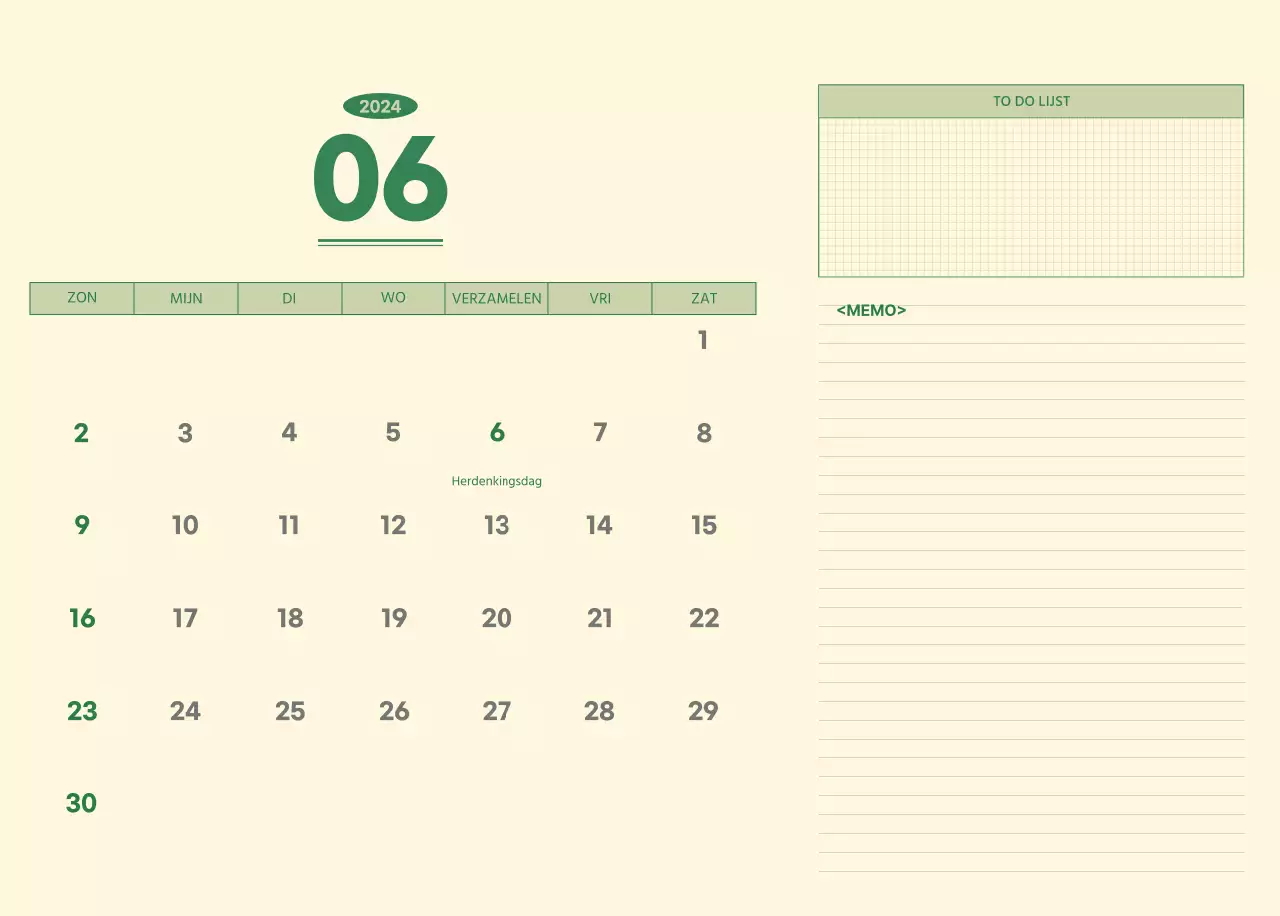 SAT D-day notitieblok concept muurkalender in groen en lichtgeel