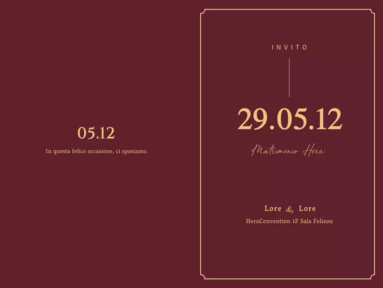 Partecipazione di matrimonio con grandi scritte e data in oro su sfondo color vino