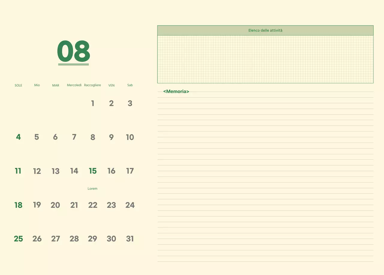 Calendario da parete SAT D-day concept in verde e giallo chiaro