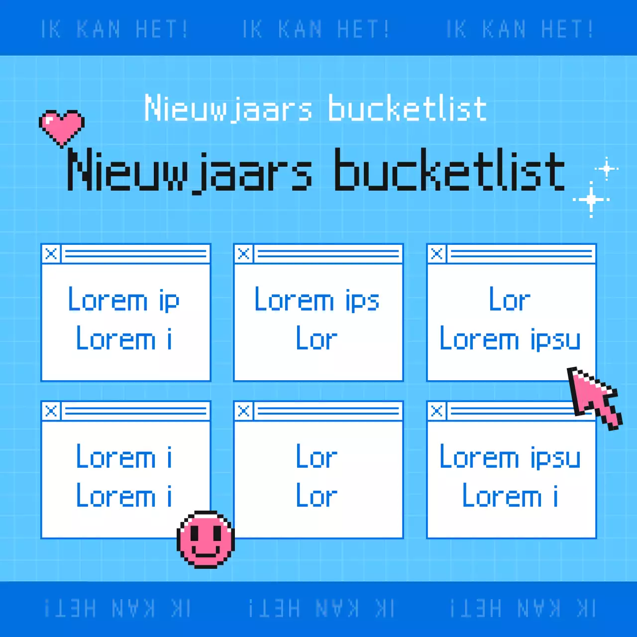 Een kitscherige nieuwjaarsbucketlistpost in blauw en lichtblauw