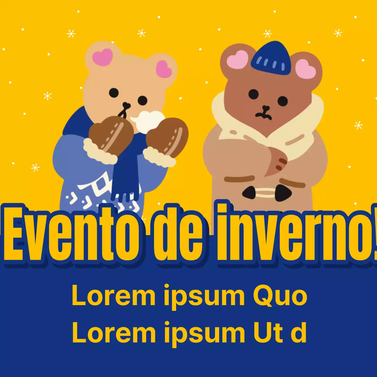 Anúncios pop-art de eventos de fidelização e de descontos de inverno em azul e amarelo
