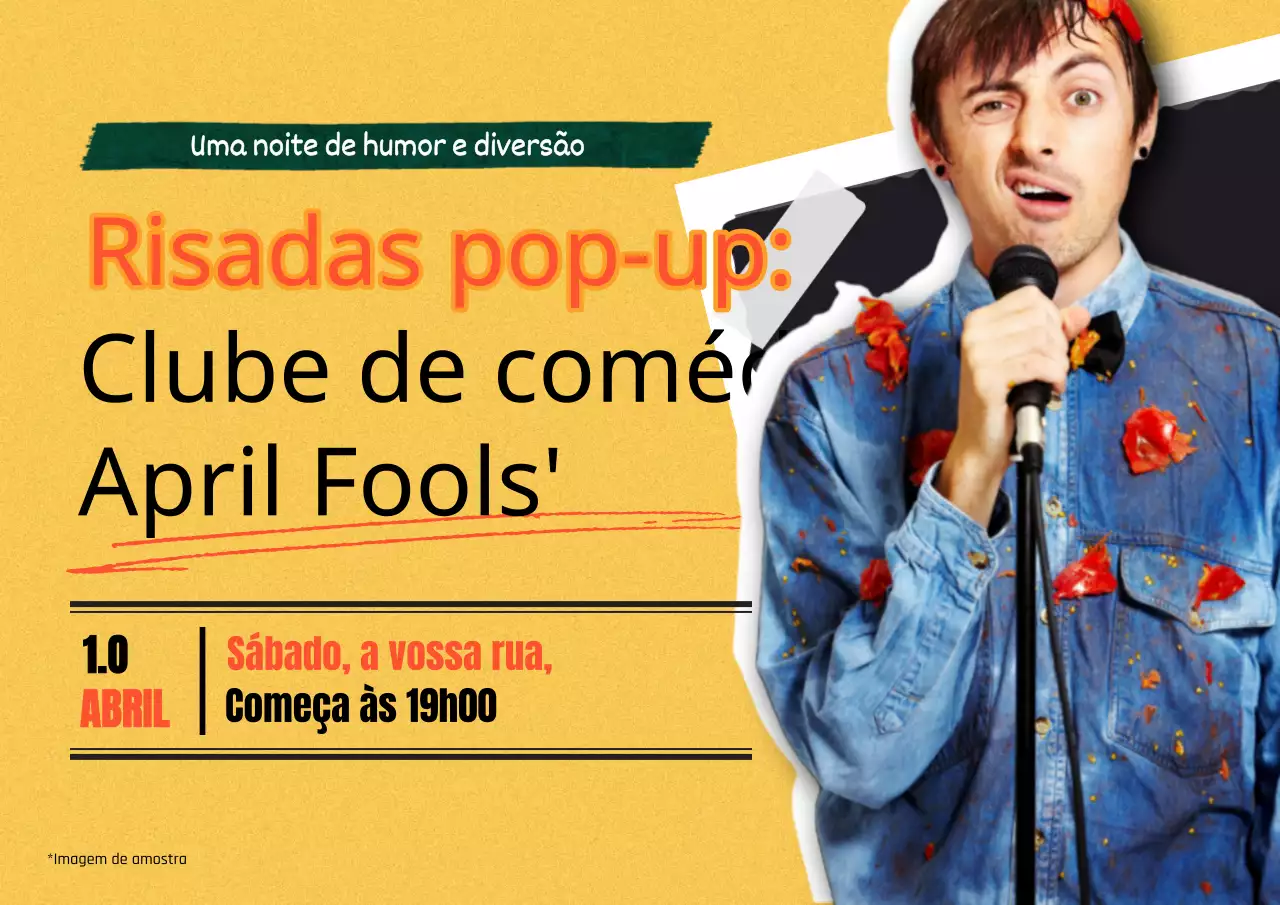 Anúncio Kitsch amarelo e laranja do clube April's Fool