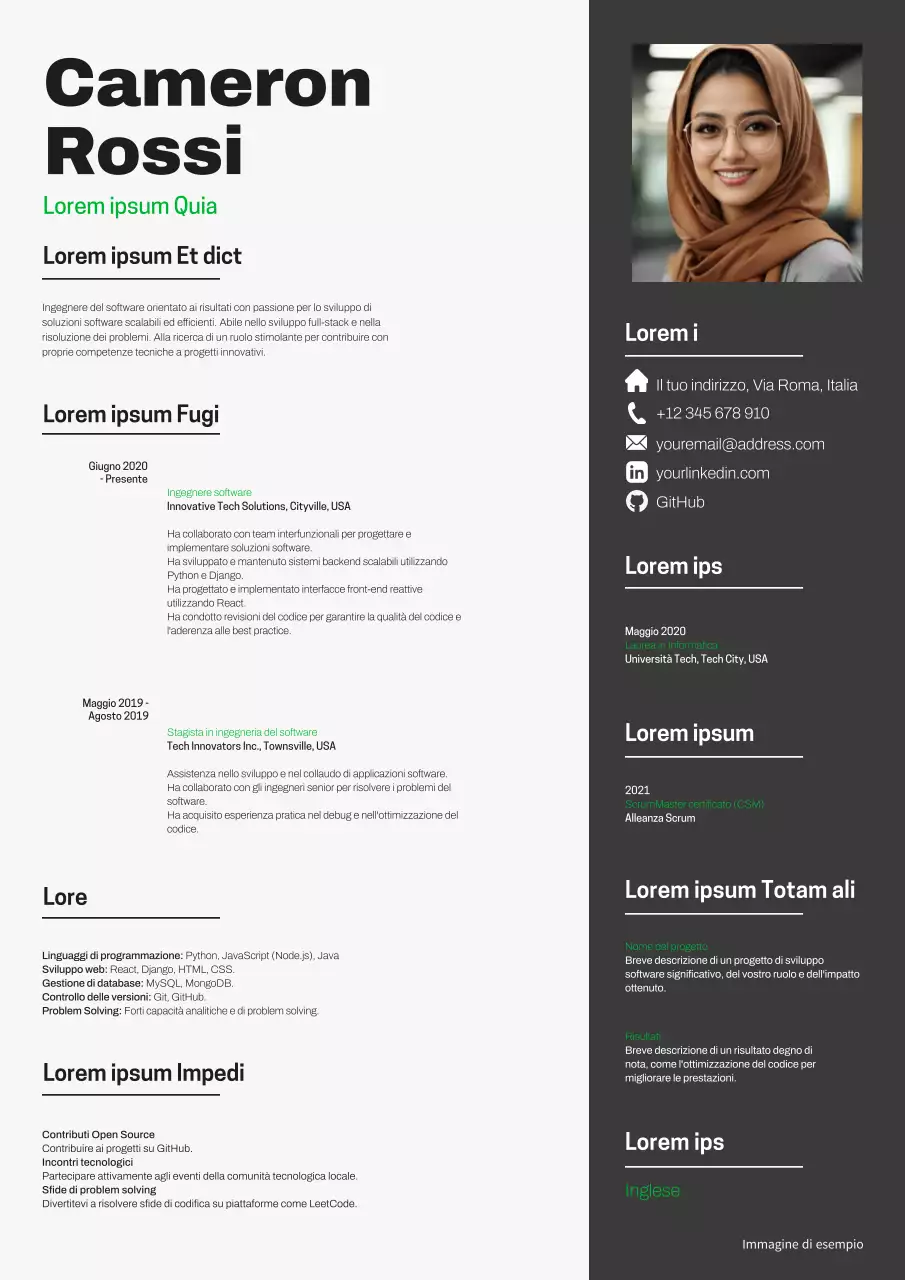 Curriculum moderno dell'ingegnere del software in bianco e verde