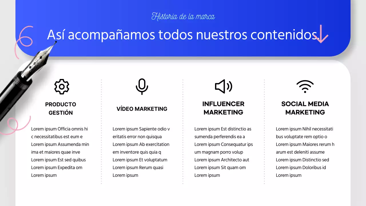 Una moderna carta de presentación de una empresa de storytelling en azul y rosa