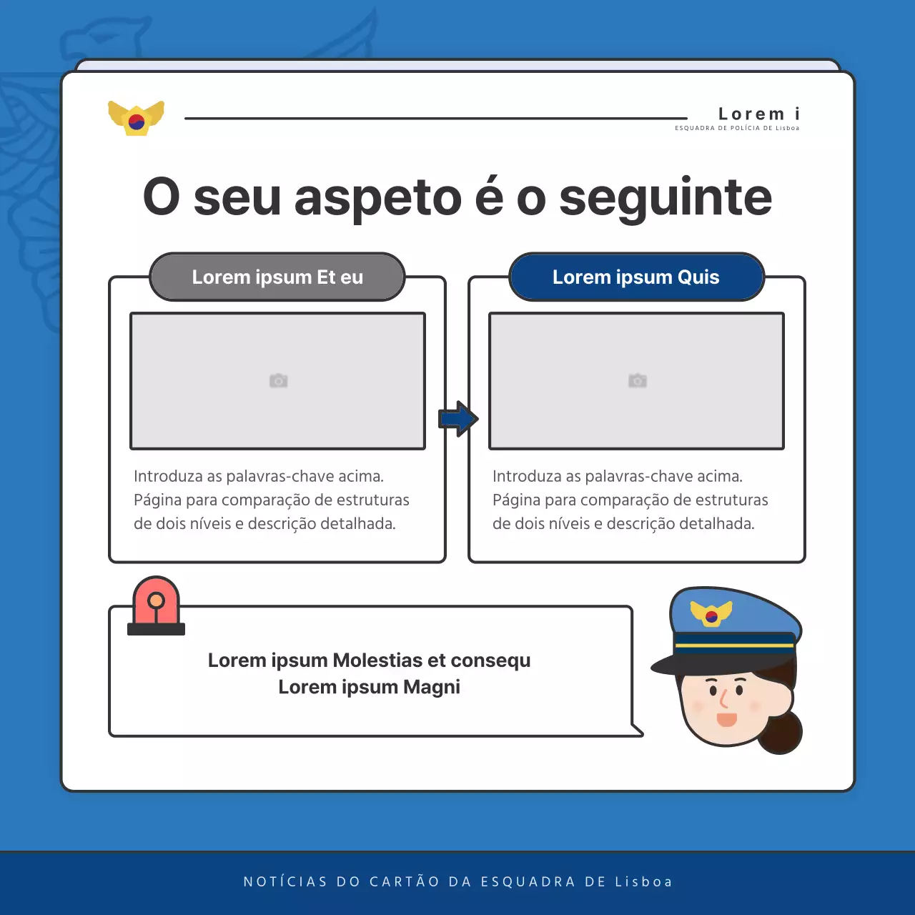 Publicações predefinidas do boletim informativo da esquadra de polícia em azul e azul-marinho
