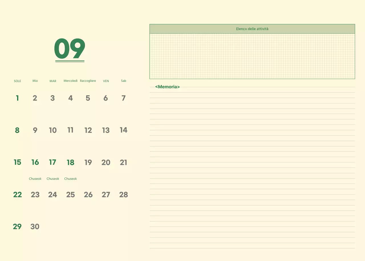 Calendario da parete SAT D-day concept in verde e giallo chiaro