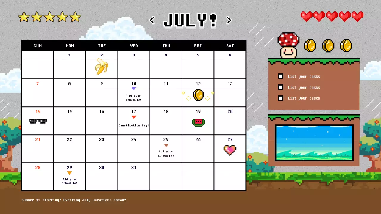 빨강과 하늘색의 레트로한 새해 1년 달력