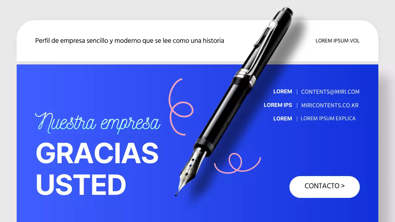 Una moderna carta de presentación de una empresa de storytelling en azul y rosa