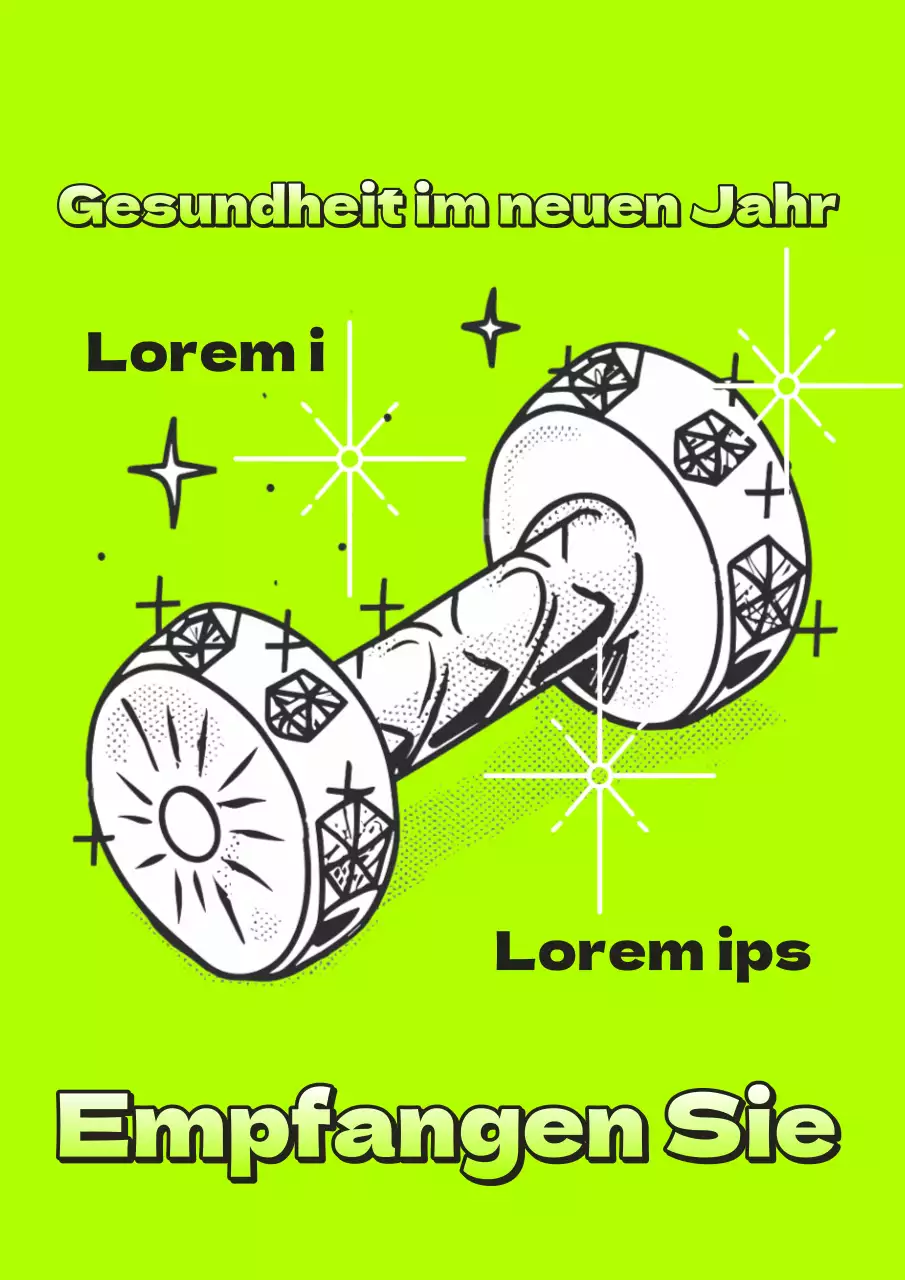 Eine Pop-Art-Anzeige für den Neujahrsverkauf im Fitnessstudio in fluoreszierenden Farben und Grün.