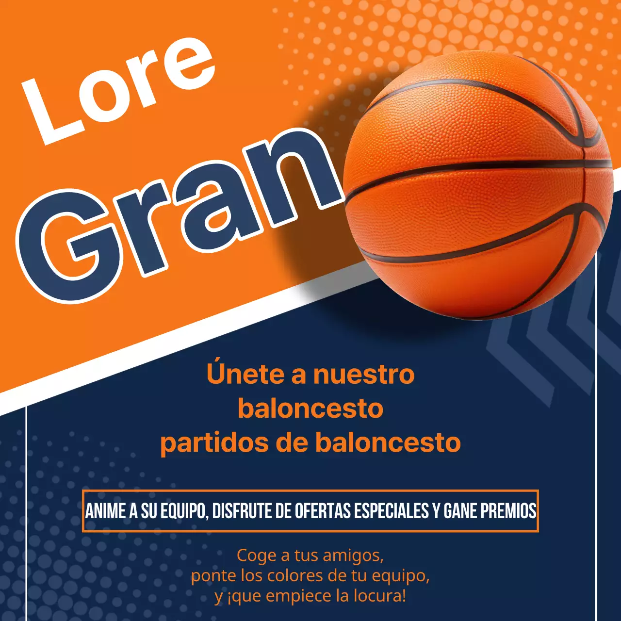 Anuncio geométrico naranja y azul marino de la fiesta de la locura de las marchas