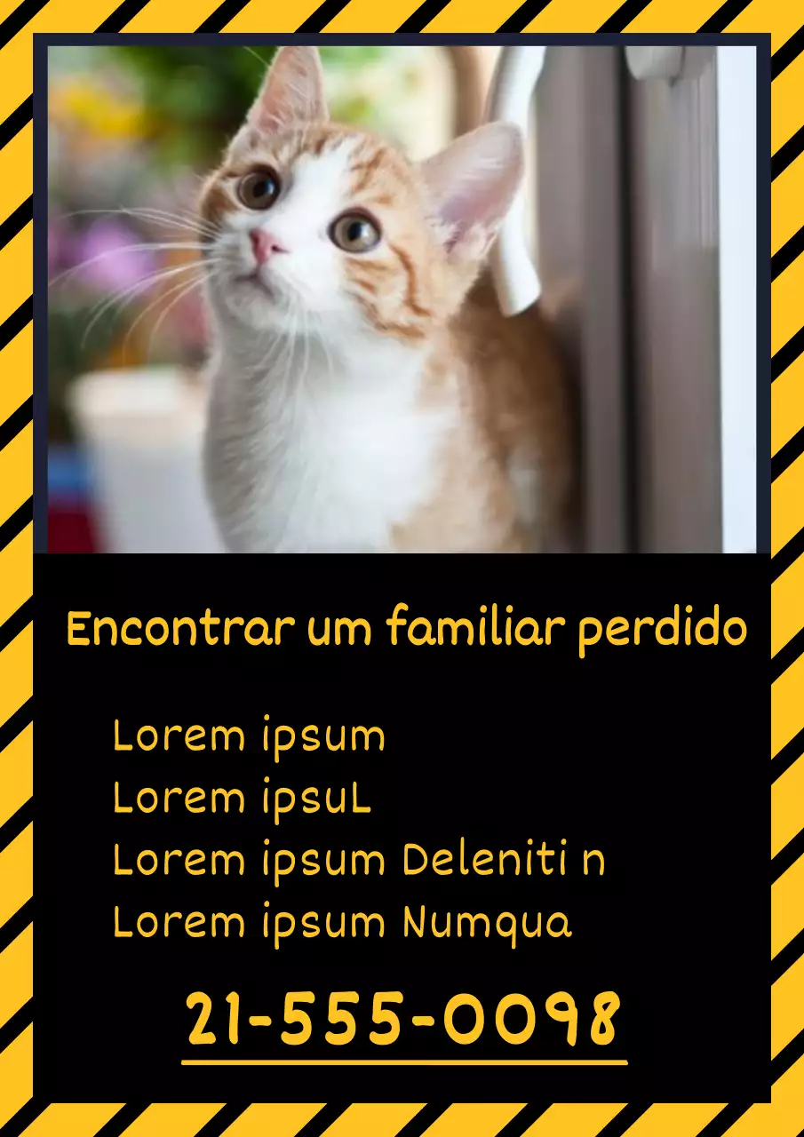 Folheto simples amarelo e preto sobre o gato desaparecido