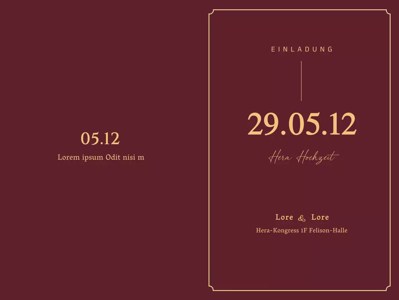 Hochzeitseinladung mit großer goldener Schrift und Datum auf einem weinfarbenen Hintergrund