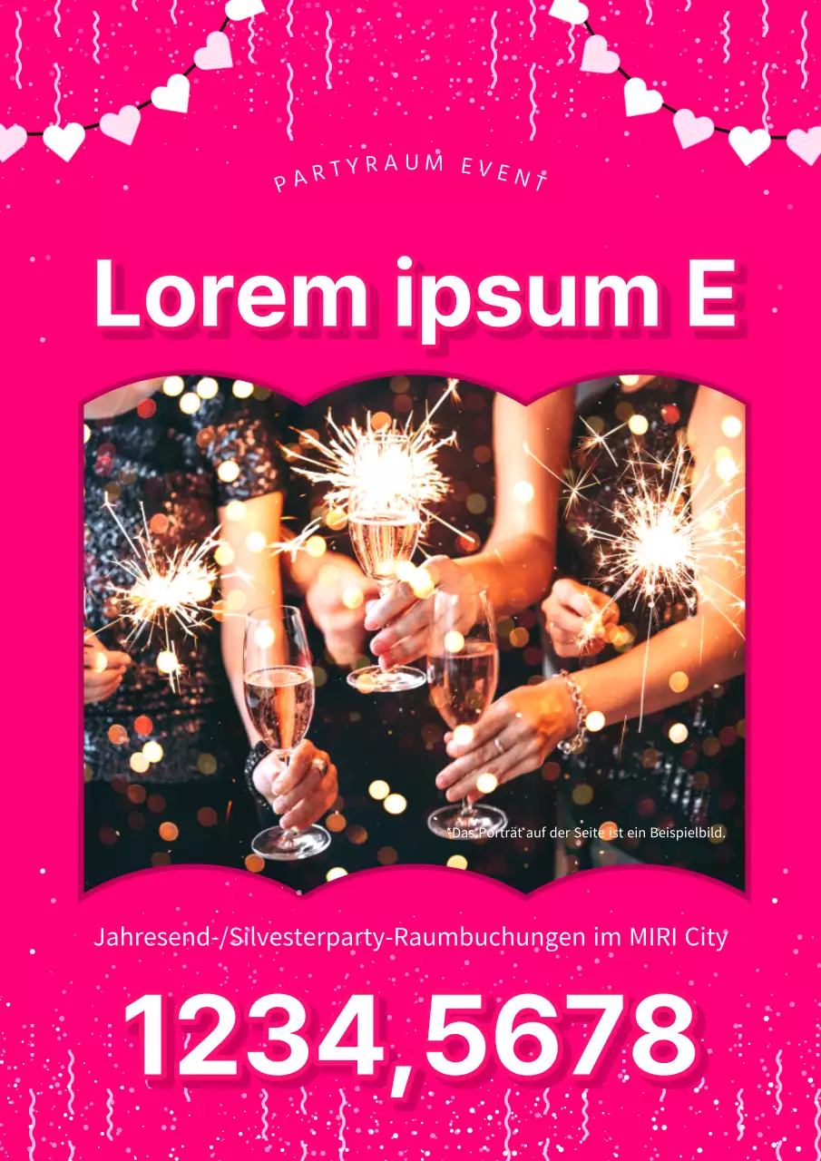 Eine rosafarbene und weiße Pop-Art-Werbung für die Reservierung von Partyräumen