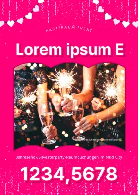 Eine rosafarbene und weiße Pop-Art-Werbung für die Reservierung von Partyräumen