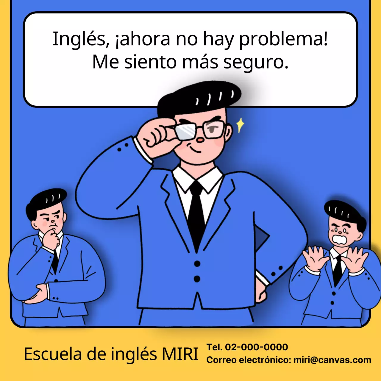 Promoción de una escuela de inglés kitsch en azul y amarillo