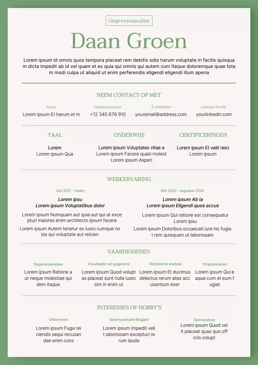 Groen en beige basisgegevensanalist cv