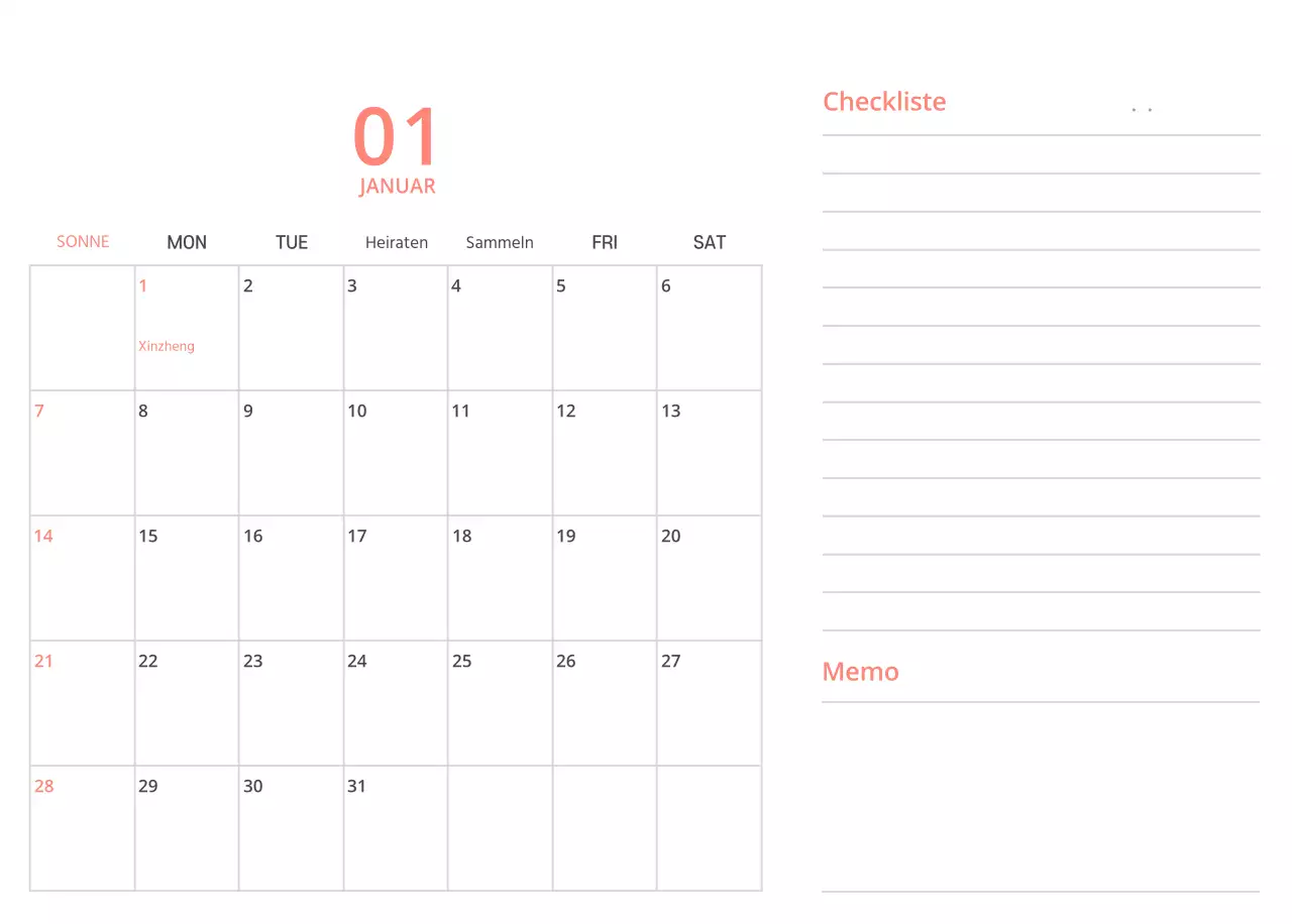 Niedlich illustrierter grüner Tischkalender mit Familienthemen