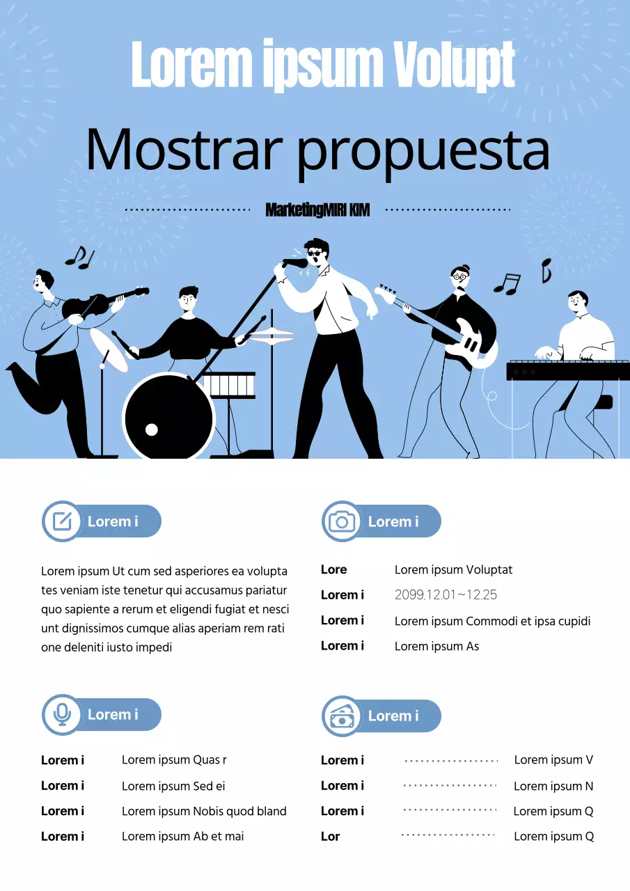 Prospecto con una simpática banda sobre fondo azul claro