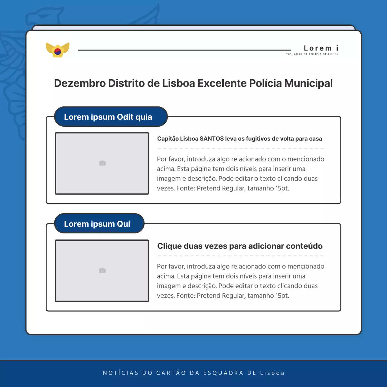 Publicações predefinidas do boletim informativo da esquadra de polícia em azul e azul-marinho