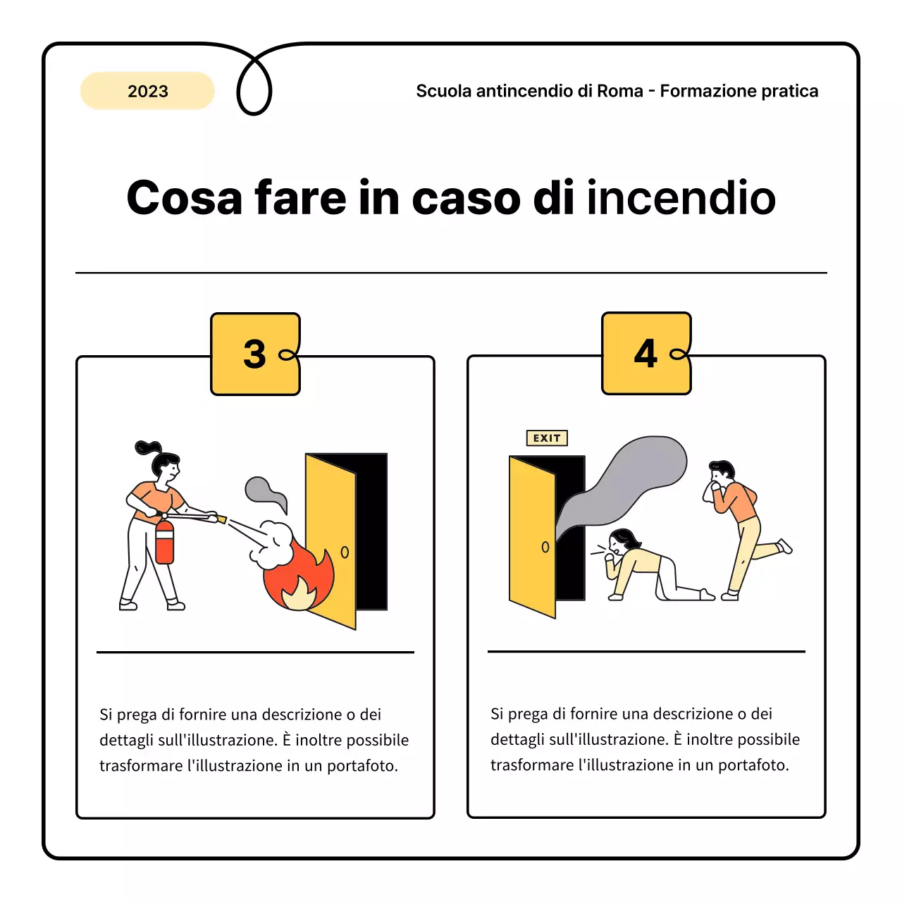 Nozioni di base gialle e arancioni e una piccola e simpatica scheda informativa sugli incendi